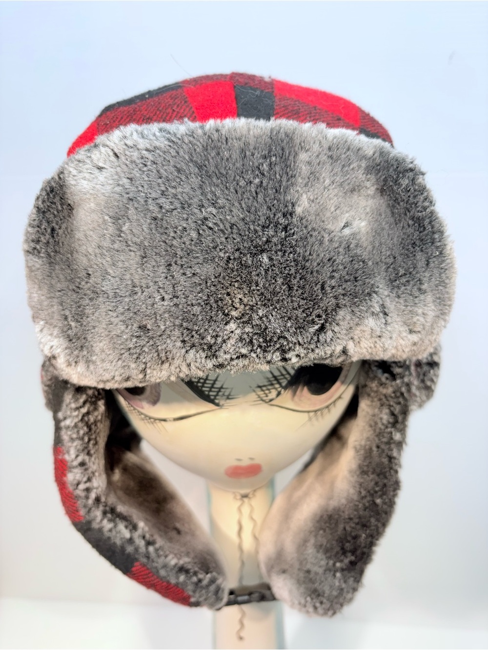 Adults Red & Black Buffalo Plaid Trapper Hat - Insulated & Faux Fur Lined